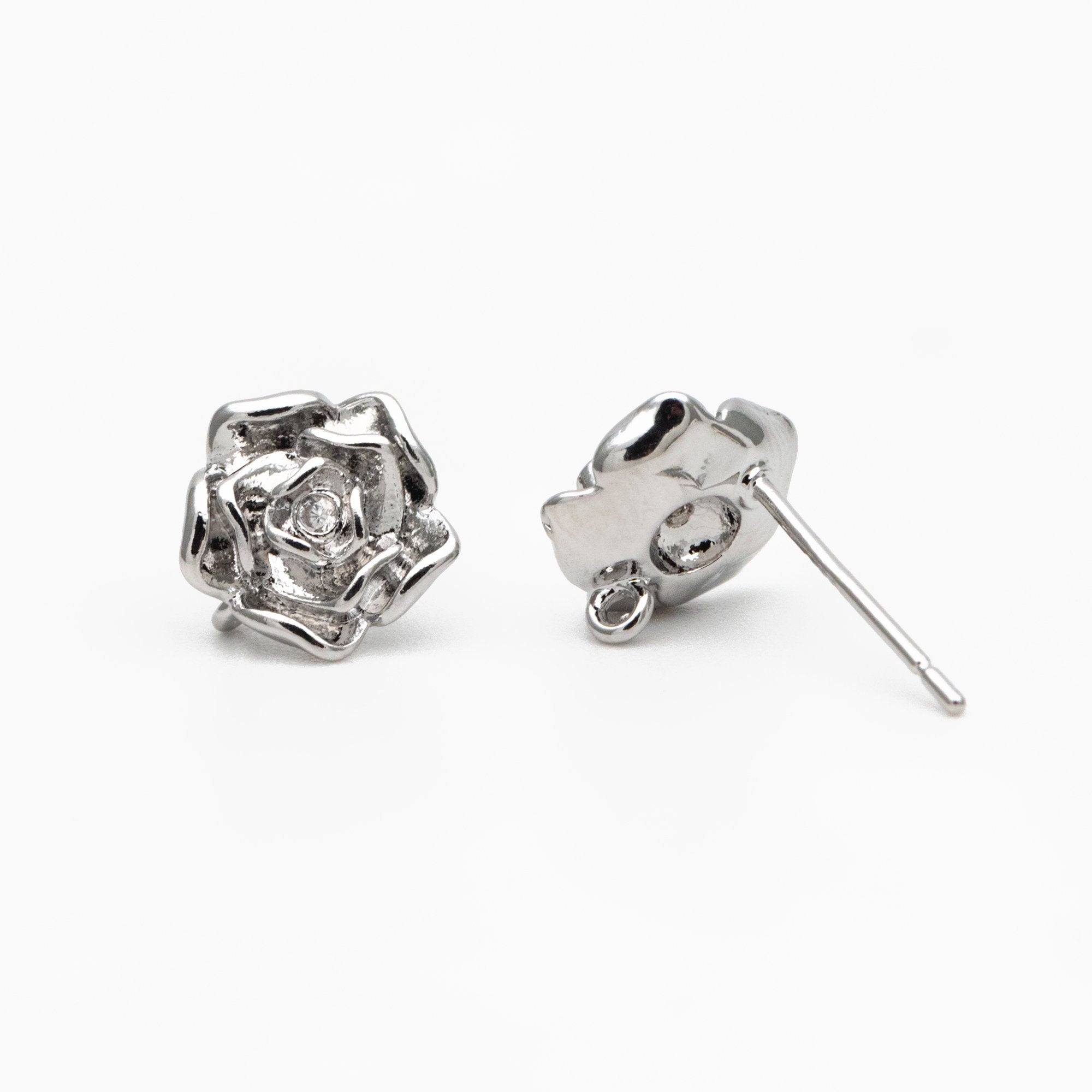 10pcs CZ Pave Gold/ Silver Rose Ear Post with Loop, 9mm, Gold/ Rhodium Plated Brass Flower Stud Earrings, DIY Ear Findings (GB-3743)